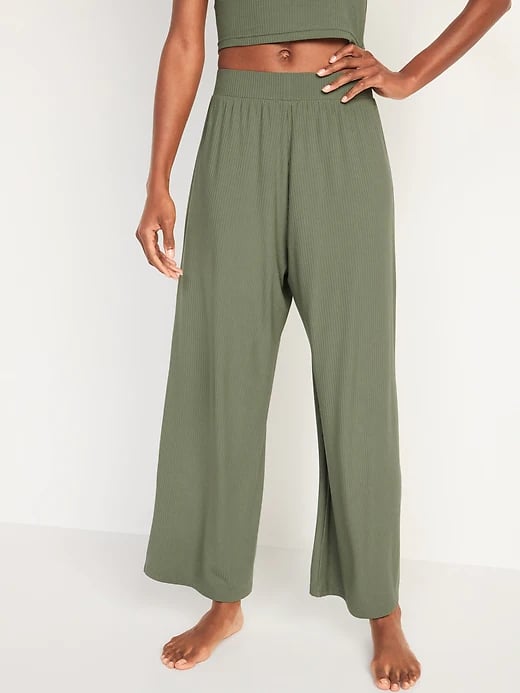 High-Waisted Sunday Sleep Striped Cropped Rib-Knit Wide-Leg