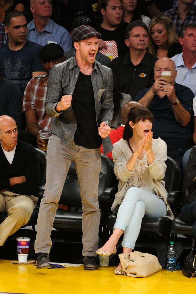 Justin Timberlake stood up and cheered while checking out an NBA Playoffs game between the LA Lakers and Denver Nuggets with Jessica Biel in May 2012.