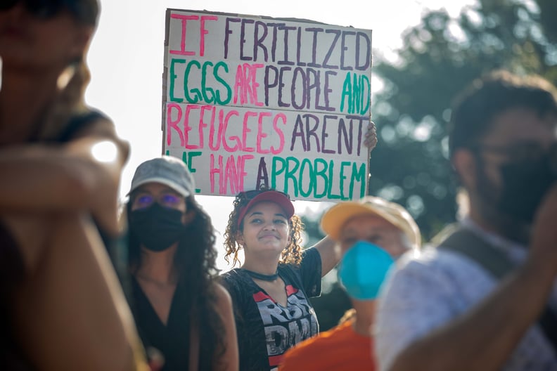 AUSTIN, TX - OCTOBER 02: Demonstrators rally against anti-abortion and voter suppression laws at the Texas State Capitol on October 2, 2021 in Austin, Texas. The Women's March and other groups organized marches across the country to protest the new aborti