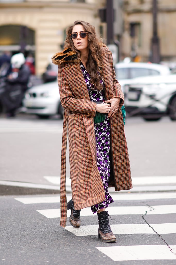 Wear a Brown Checkered Coat Over a Printed Dress