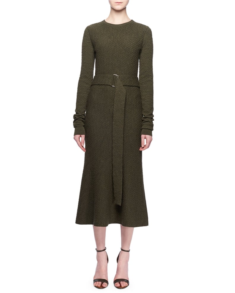 Victoria Beckham Jewel-Neck Long-Sleeve Belted Midi Dress