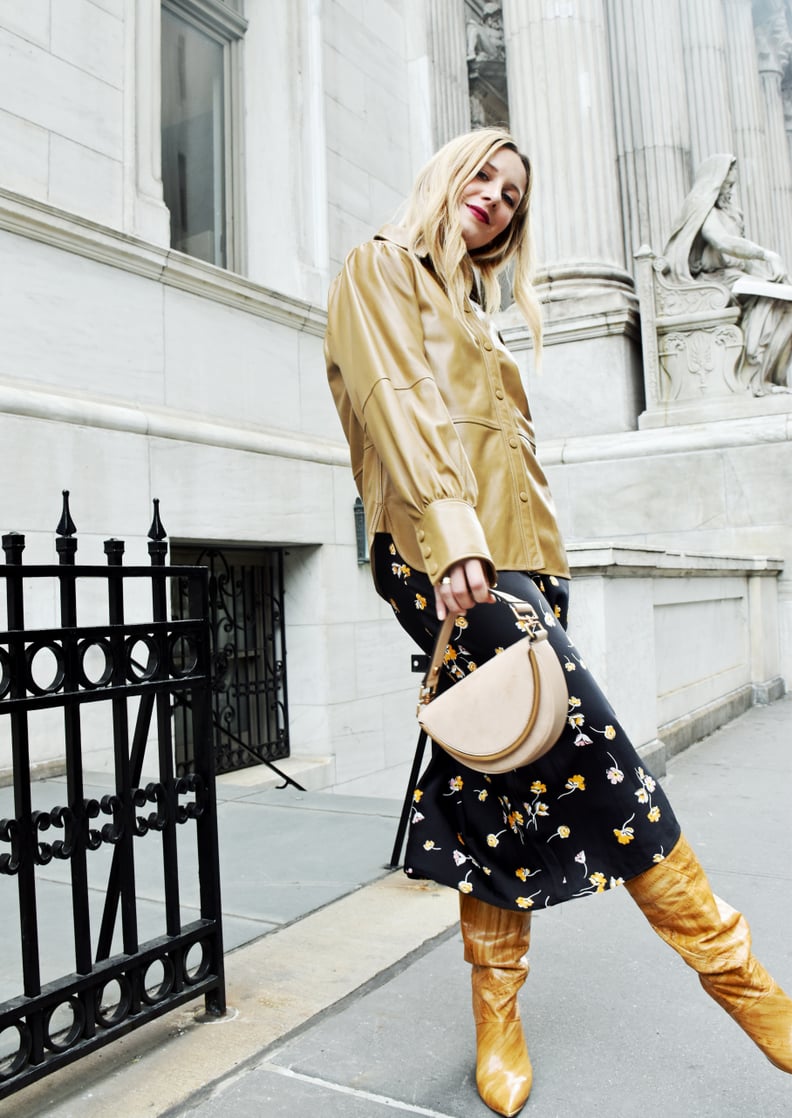 Easy Outfits: A Floral-Print Slip Skirt, Leather Shirt, Boots, and a Bag