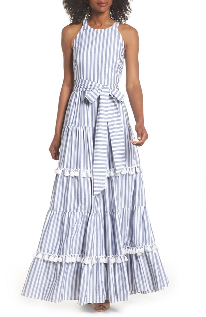Eliza J Tiered Tassel Fringe Cotton Maxi Dress