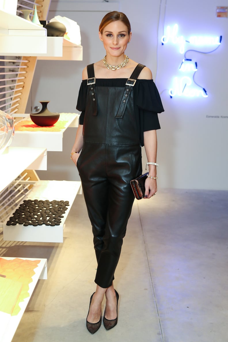Meet Your Edgy Leather Overalls With a Feminine Blouse to Strike a Balance