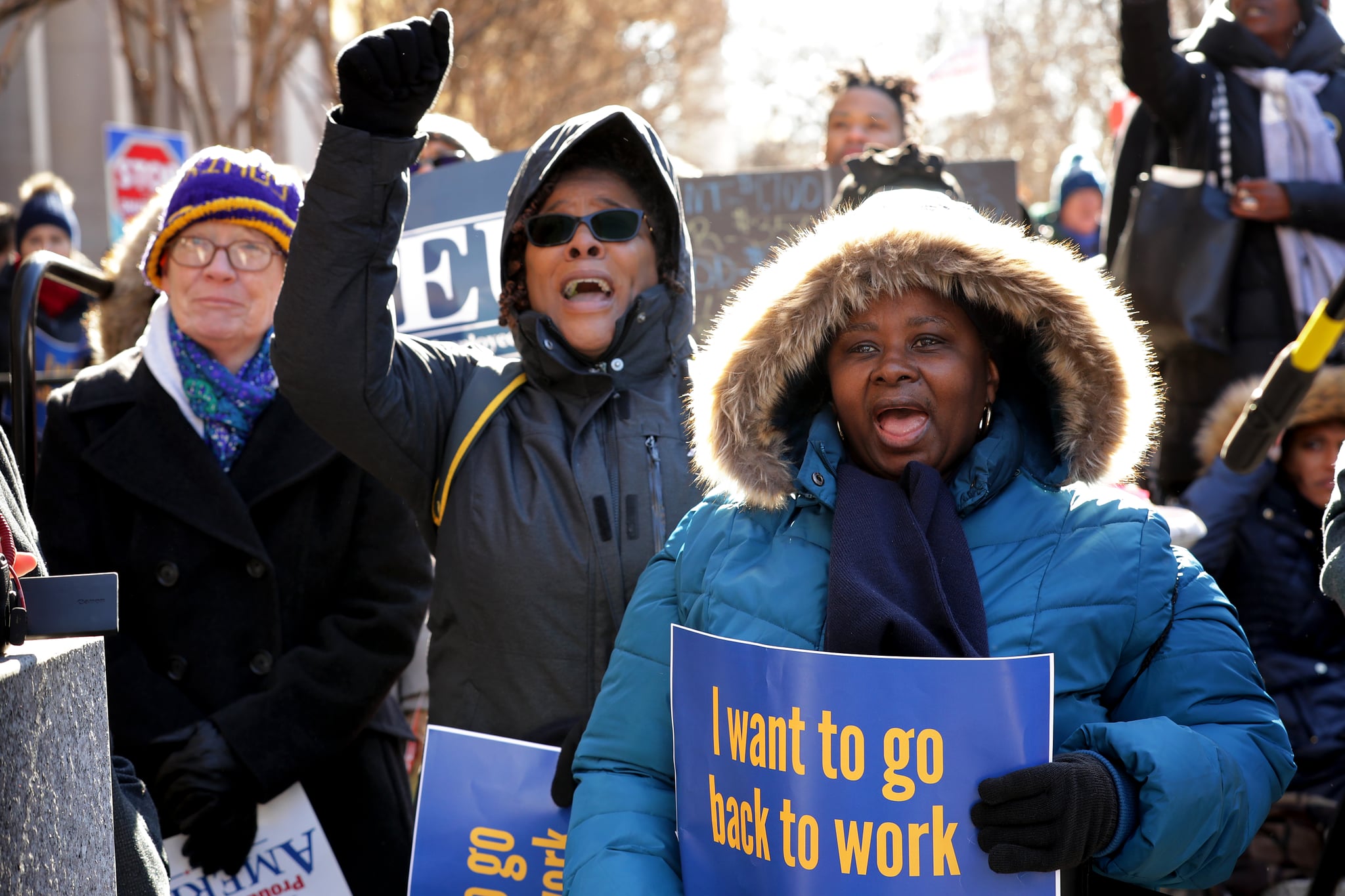 WASHINGTON, DC - JANUARY 10: Hundreds of federal workers and contractors rally against the partial federal government shutdown outside the headquarters of the AFL-CIO January 10, 2019 in Washington, DC. As the second-longest government shut down continues, Democrats and Republicans have not found a compromise for border security funding and President Donald Trump's proposed wall on the U.S.-Mexico border. (Photo by Chip Somodevilla/Getty Images)