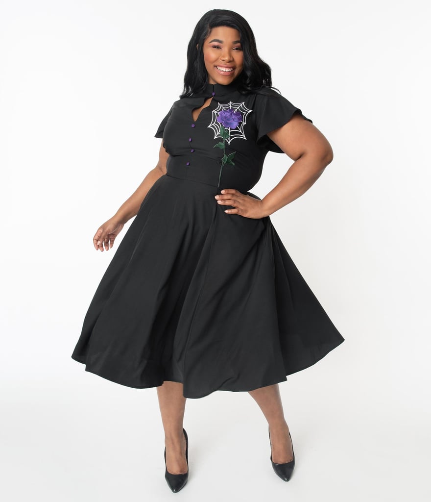 Unique Vintage Plus Size Black Spiderweb and Purple Rose Baltimore Swing Dress