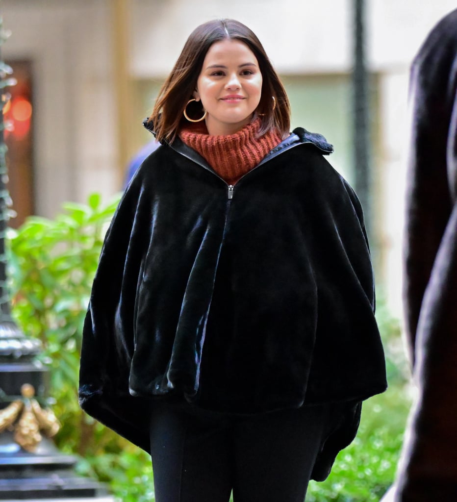 Selena Gomez Wears a Plush Velvet Cape While Filming