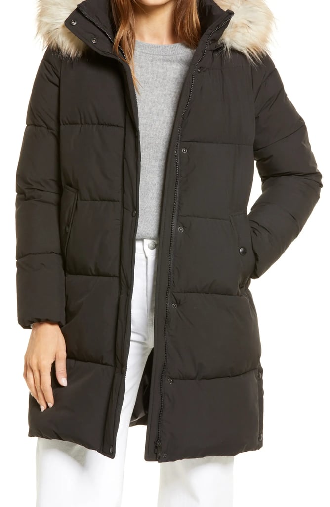 A Coat: Sam Edelman Cocoon Faux Fur Trim Water Repellent Coat