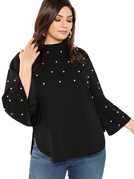 Romwe Pearls Beaded Long-Sleeve Blouse Top