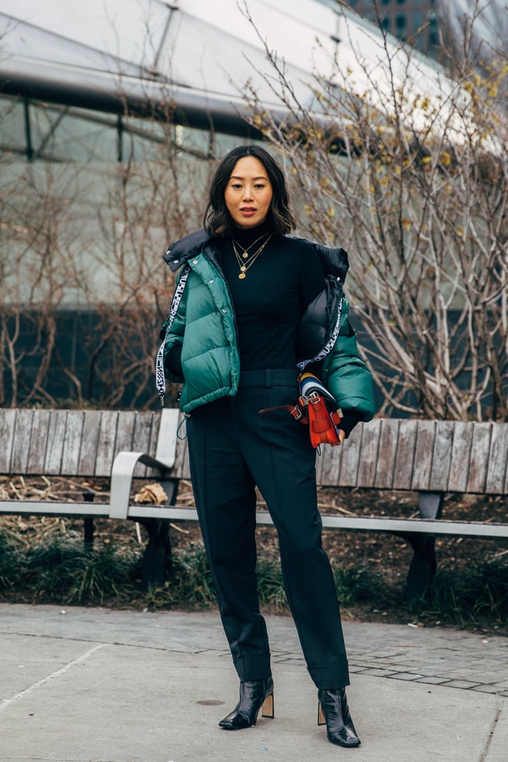 Style Your Black Ankle Boots With a Bright Green Puffer 35