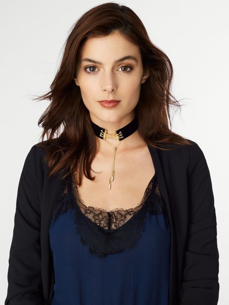 "As BaubleBar's guest bartender, Shay Mitchell easily created a host of accessories fit for every personality. The thick velvet Galileo choker ($48) is sweet and dramatic thanks to the dangling gold chains." — ML