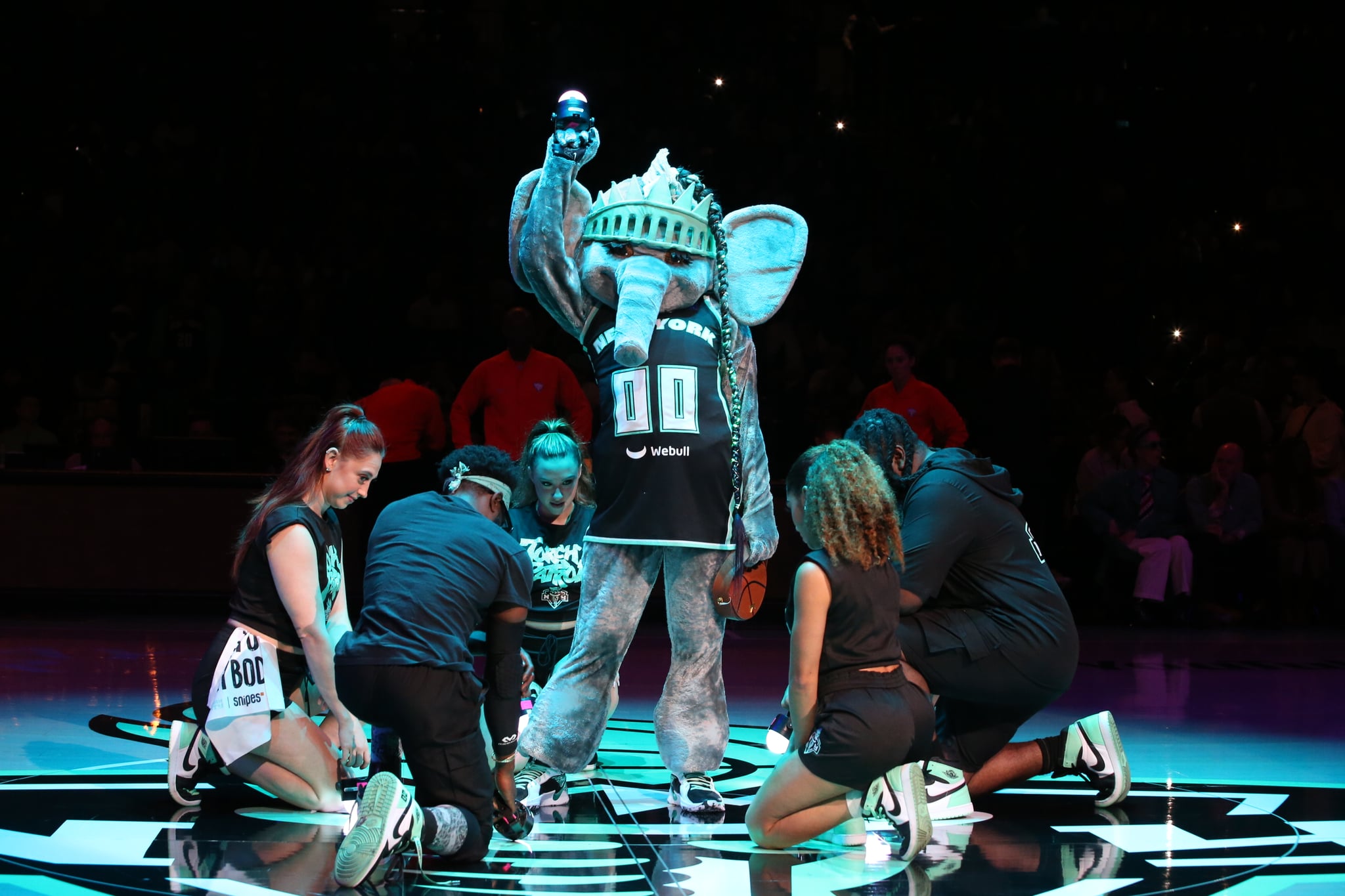 Mascot Ellie the Elephant of the New York Liberty performs during the game.