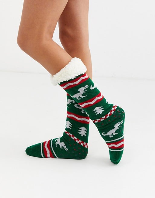 ASOS Design Christmas Dinosaur Fairisle Slipper Socks