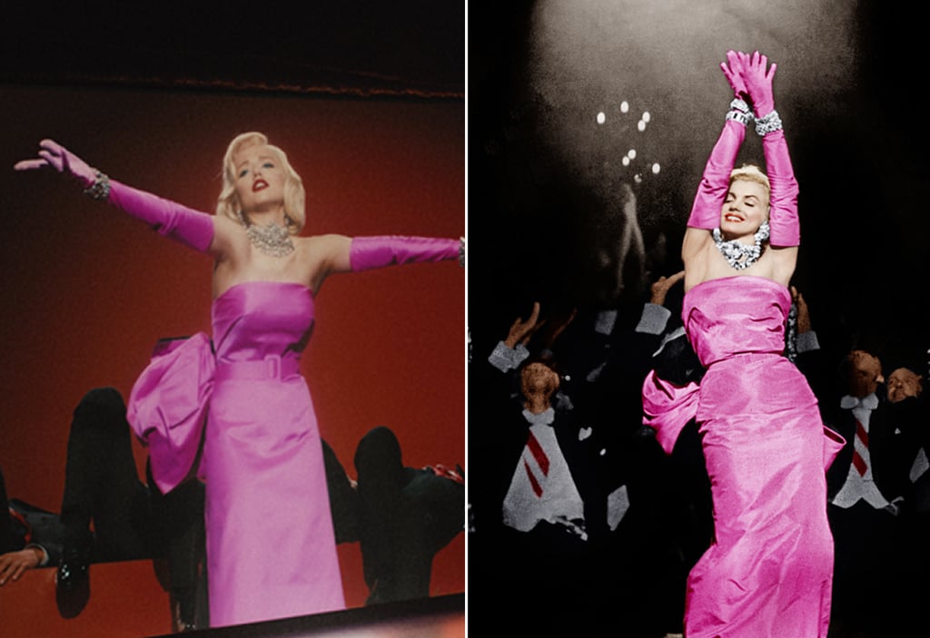 De Armas (L) wears Monroe's (R) glossy pink dress and gloves in a re-creation of a scene from the 1953 film "Gentlemen Prefer Blondes."