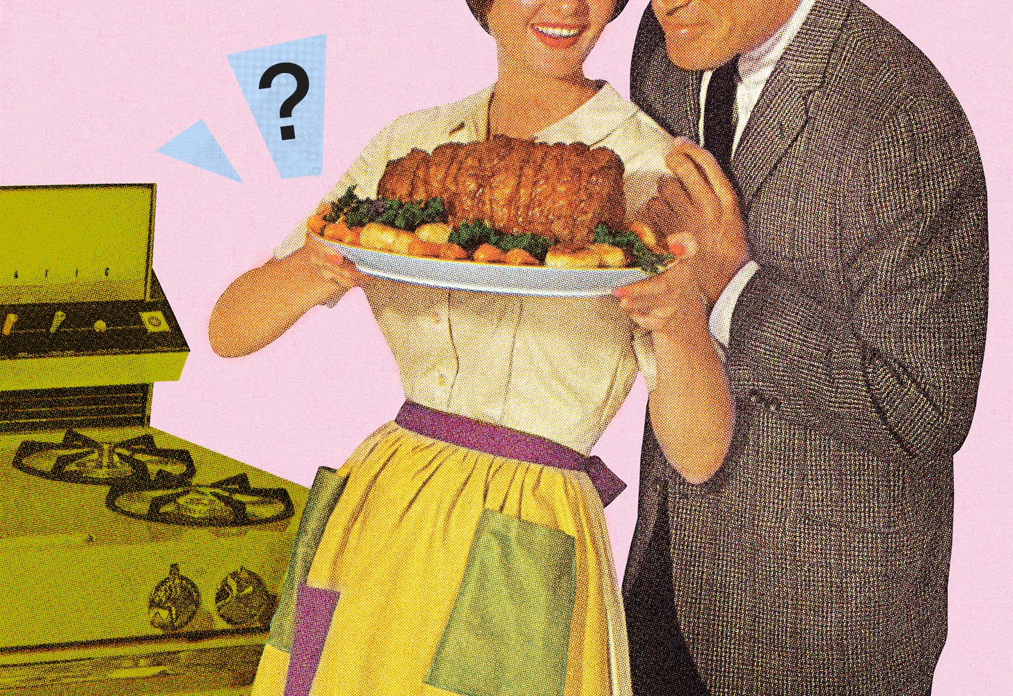 An old-timey illustration of a wife holding a chicken with a husband nearby.