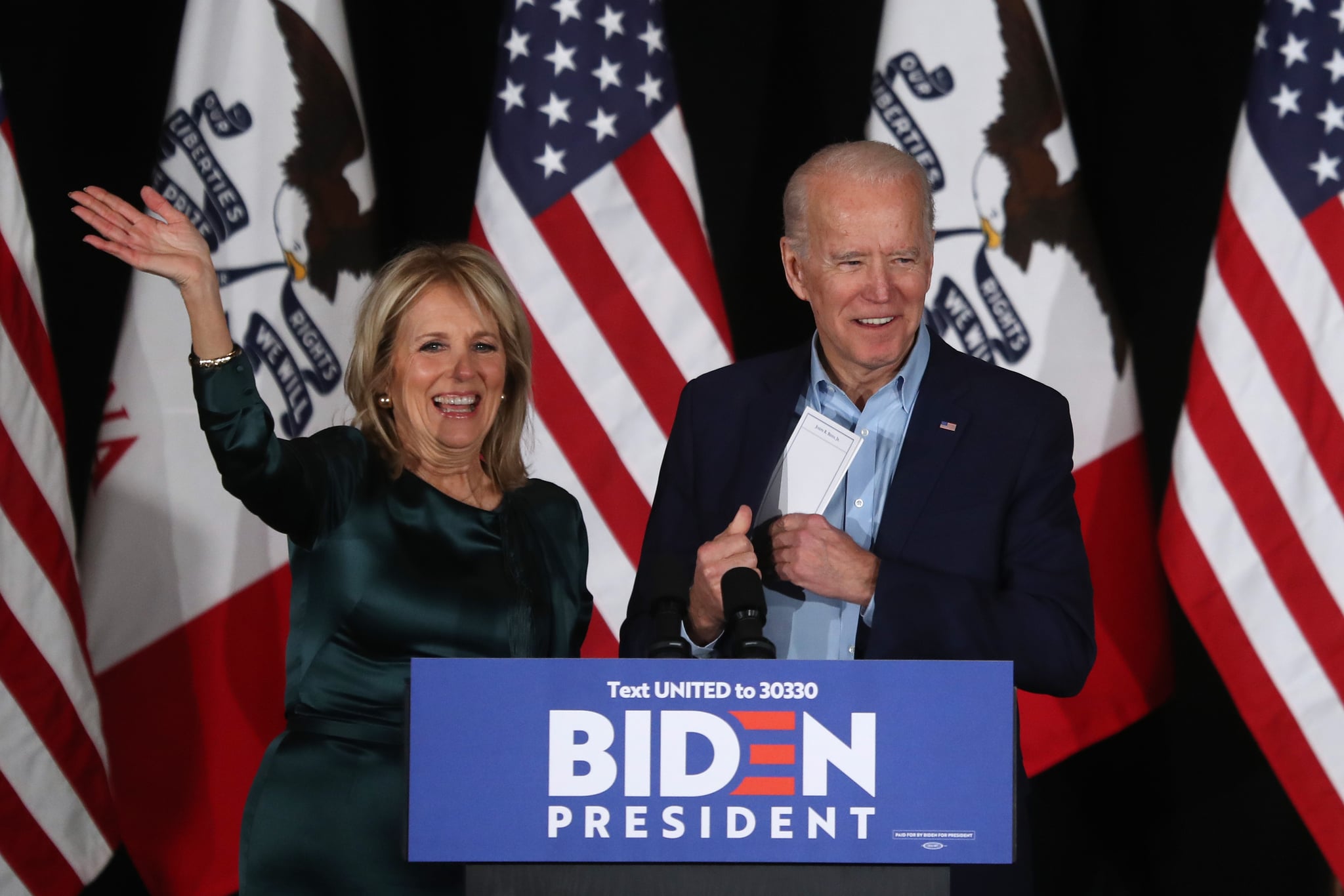 DES MOINES, IOWA - FEBRUARY 03: Democratic presidential candidate former Vice President Joe Biden takes the stage to address supporters with his wife Dr. Jill Biden during his caucus night watch party on February 03, 2020 in Des Moines, Iowa.  Iowa is the first contest in the 2020 presidential nominating process with the candidates then moving on to New Hampshire. (Photo by Justin Sullivan/Getty Images)