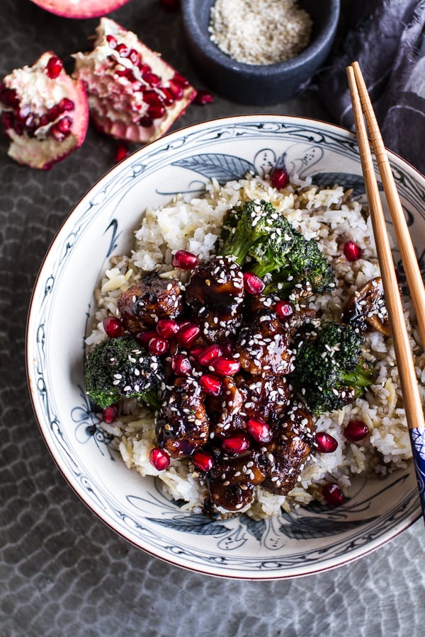 Pomegranate Sesame Chicken With Ginger Rice Pilaf