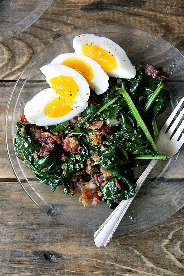Warm Spinach Salad With Soft-Boiled Eggs and Bacon