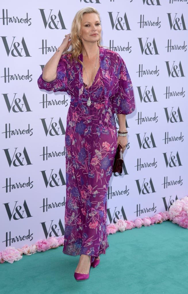 Kate wears a purple floral-print dress to the V&A Summer Party in 2016.