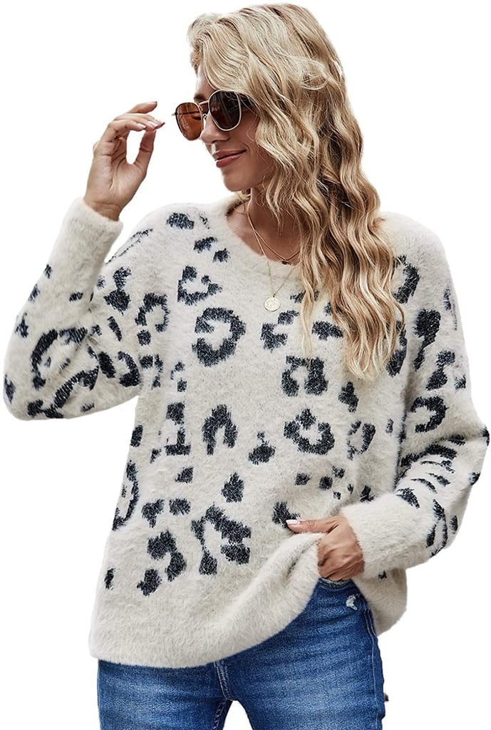 Hzsonne Casual Leopard Crewneck Loose Fit Sweater