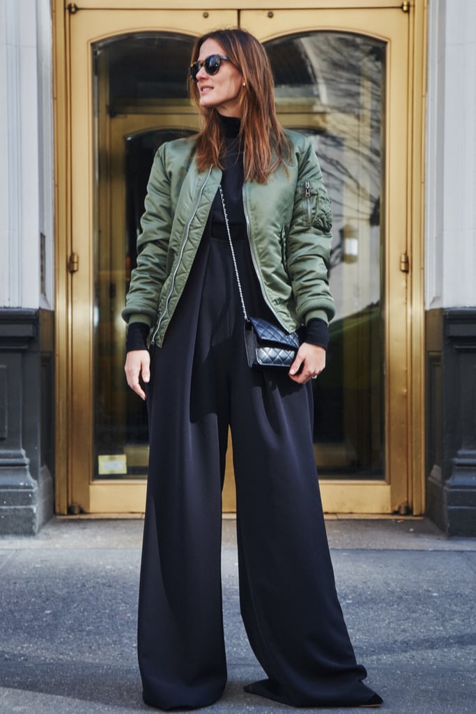 On Fashion Director Hannah Weil McKinley: Alpha Industries jacket, Misha Nonoo jumpsuit ($695), Chanel bag, and Westward Leaning sunglasses