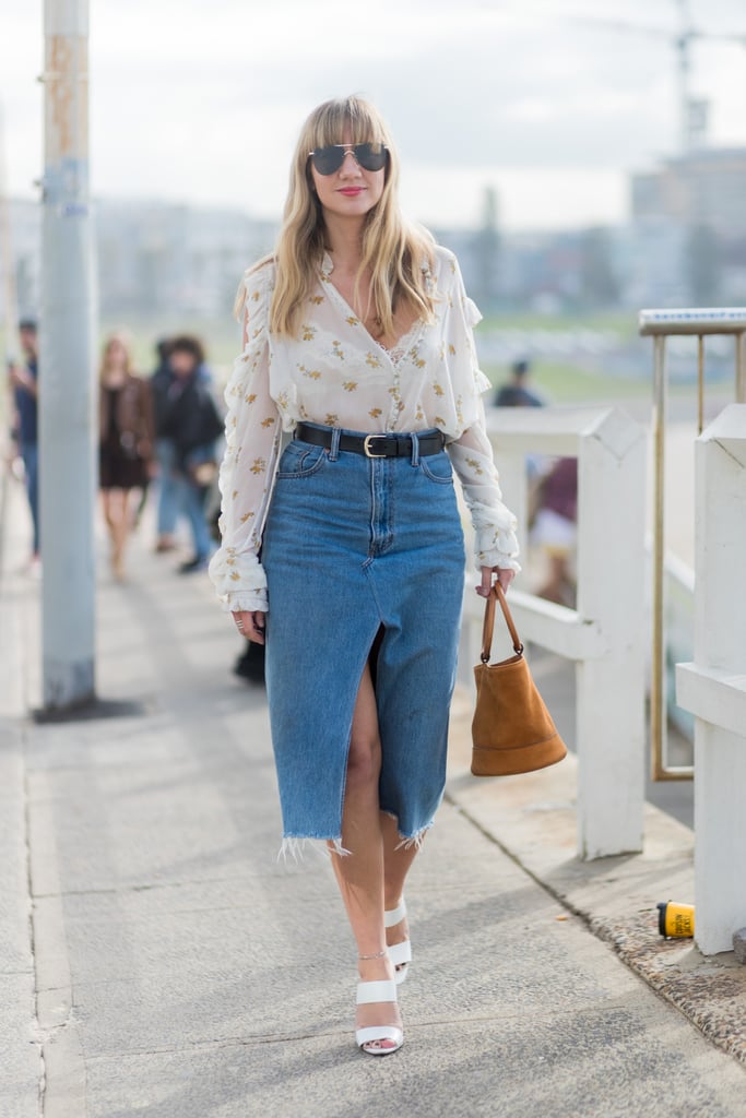 Wear a Sheer Blouse With a Denim Midi Skirt