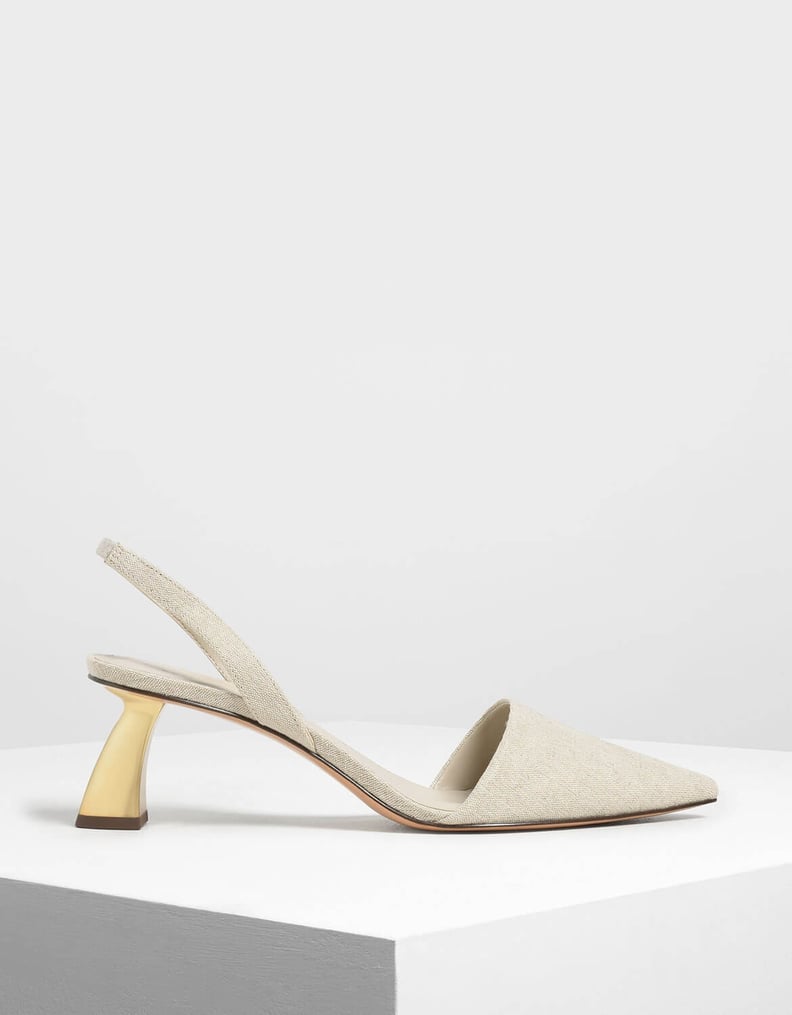 Charles & Keith Taupe Linen Sculptural Heel Slingback Pumps