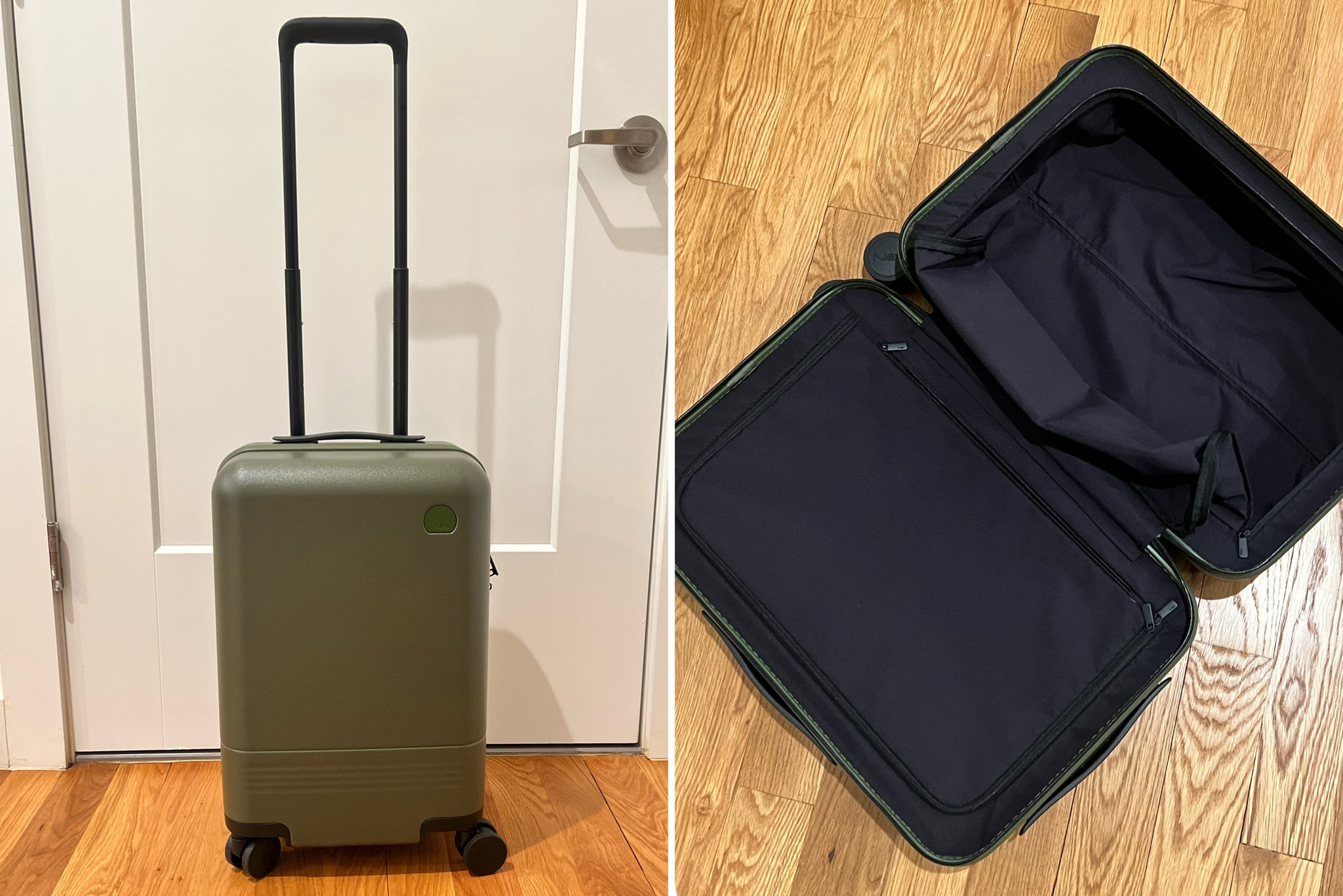 The Nex Pioneer Carry-On Suitcase standing upright and opened.