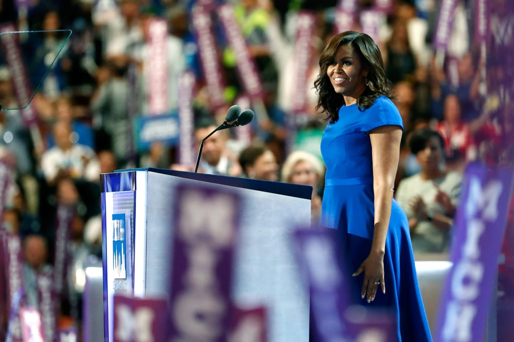 Michelle Obama wearing a cobalt blue Christian Siriano dress at the DNC in July 2016 in Philadelphia.