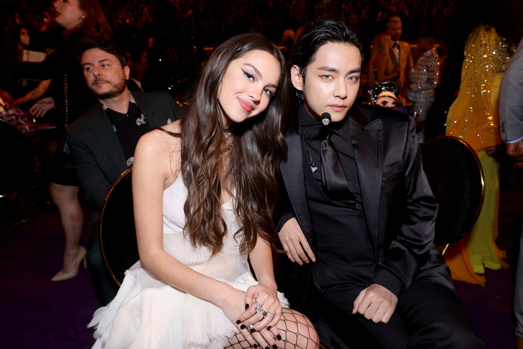 LAS VEGAS, NEVADA - APRIL 03: (L-R) Olivia Rodrigo and V of BTS attend the 64th Annual GRAMMY Awards at MGM Grand Garden Arena on April 03, 2022 in Las Vegas, Nevada. (Photo by Emma McIntyre/Getty Images for The Recording Academy)