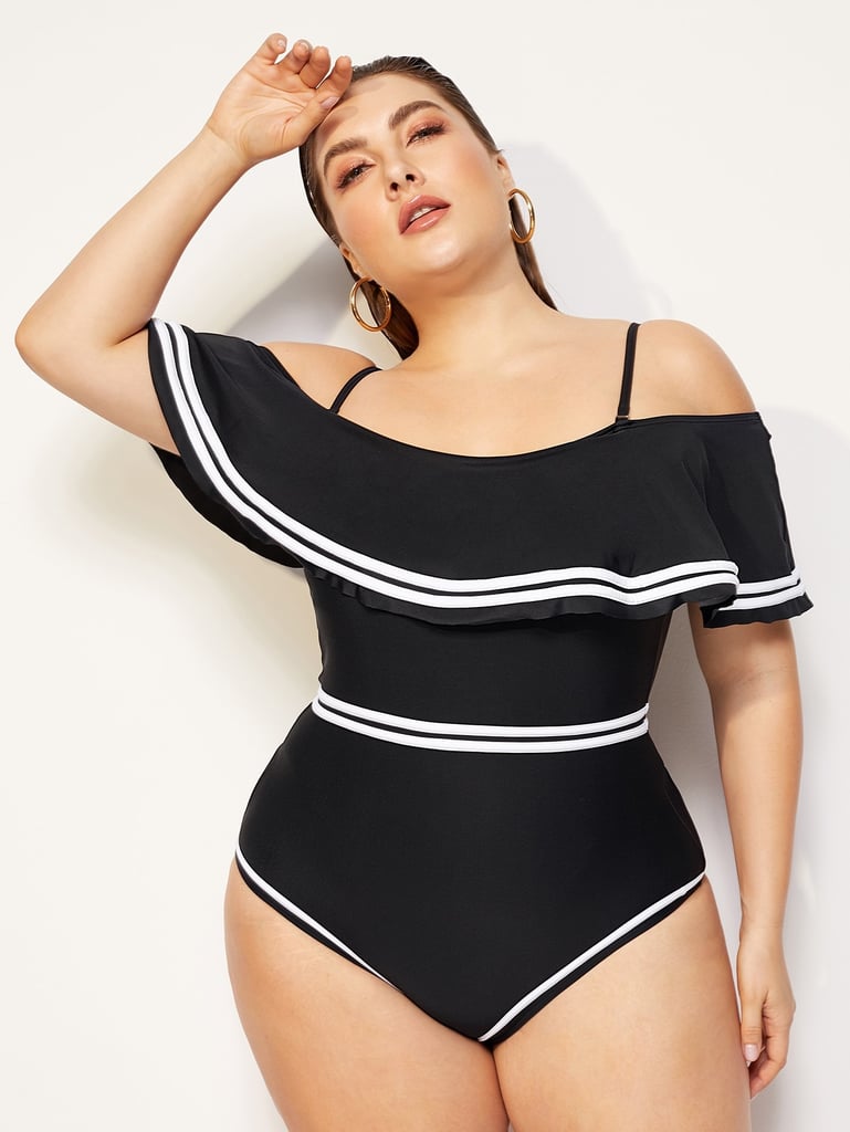 Shein Striped Flounce Off Shoulder One Piece Swim