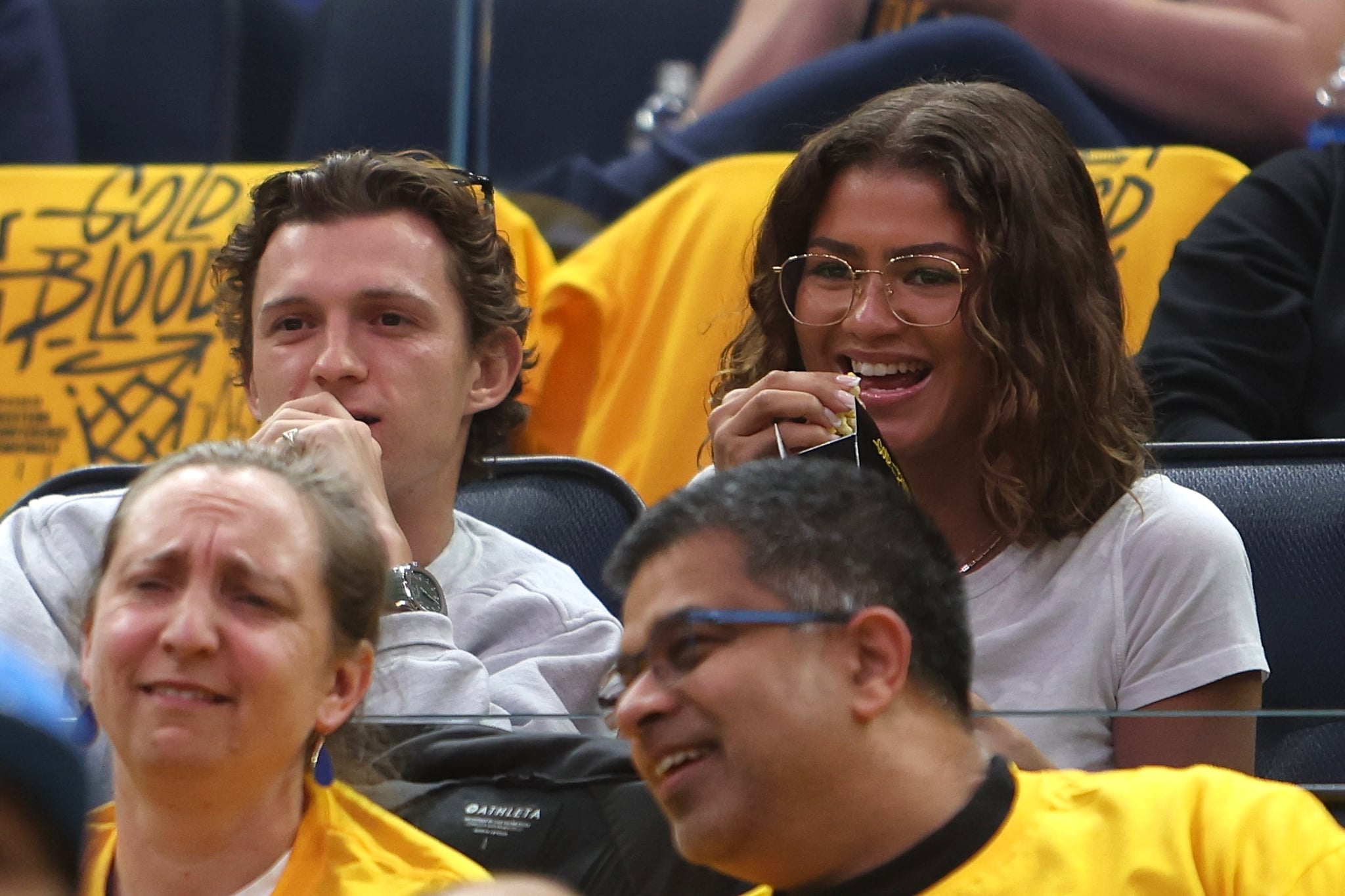SAN FRANCISCO, CA - May 4: Tom Holland and Zendaya takes in the game between the Los Angeles Lakers and Golden State Warriors during Game 2 of the 2023 NBA Playoffs Western Conference Semifinals on May 4, 2023 at Chase Centre in San Francisco, California. NOTE TO USER: User expressly acknowledges and agrees that, by downloading and/or using this Photograph, user is consenting to the terms and conditions of the Getty Images Licence Agreement. Mandatory Copyright Notice: Copyright 2023 NBAE (Photo by Jim Poorten/NBAE via Getty Images)