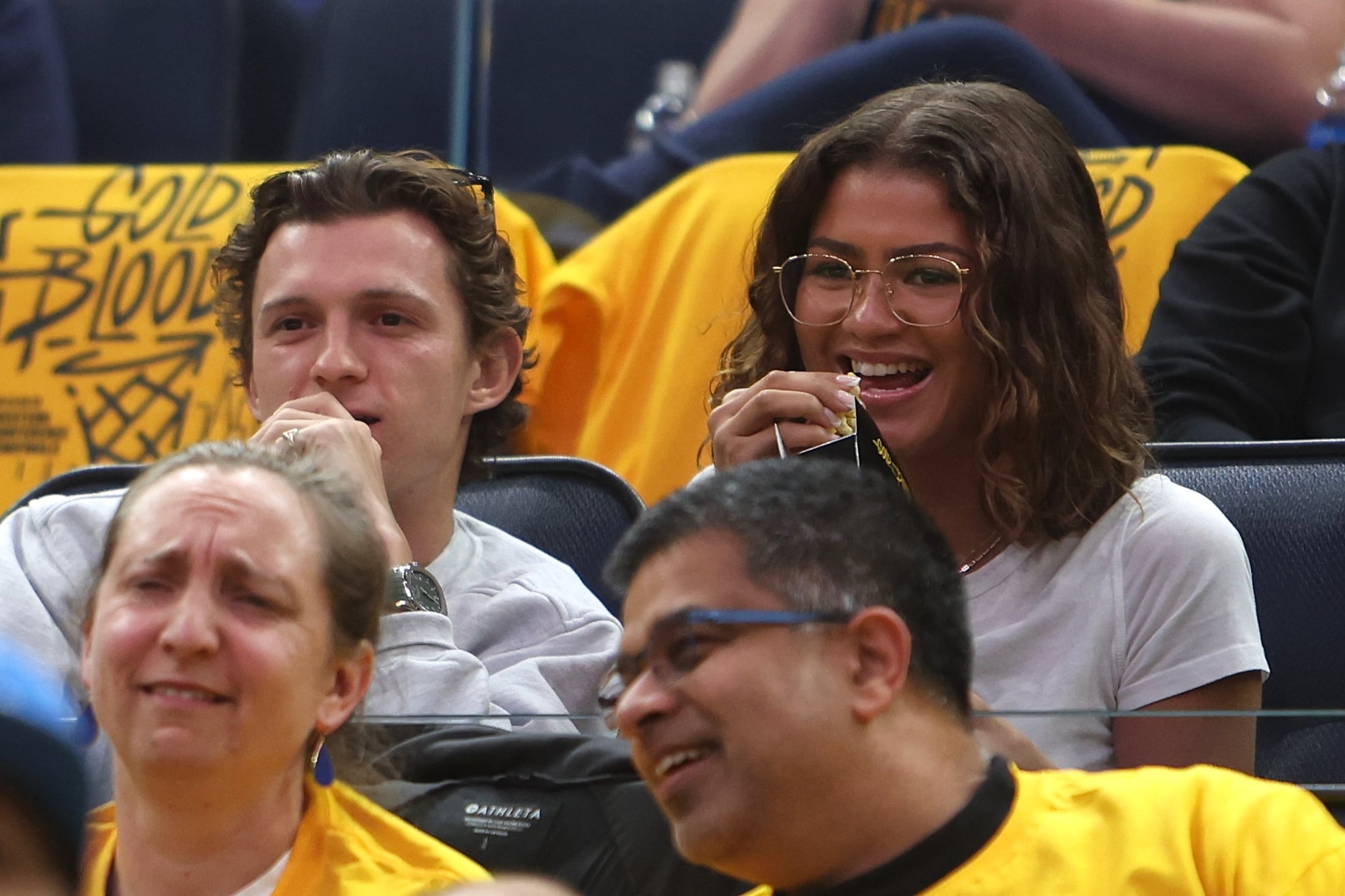 SAN FRANCISCO, CA - May 4: Tom Holland and Zendaya takes in the game between the Los Angeles Lakers and Golden State Warriors during Game 2 of the 2023 NBA Playoffs Western Conference Semifinals on May 4, 2023 at Chase Center in San Francisco, California. NOTE TO USER: User expressly acknowledges and agrees that, by downloading and/or using this Photograph, user is consenting to the terms and conditions of the Getty Images License Agreement. Mandatory Copyright Notice: Copyright 2023 NBAE (Photo by Jim Poorten/NBAE via Getty Images)