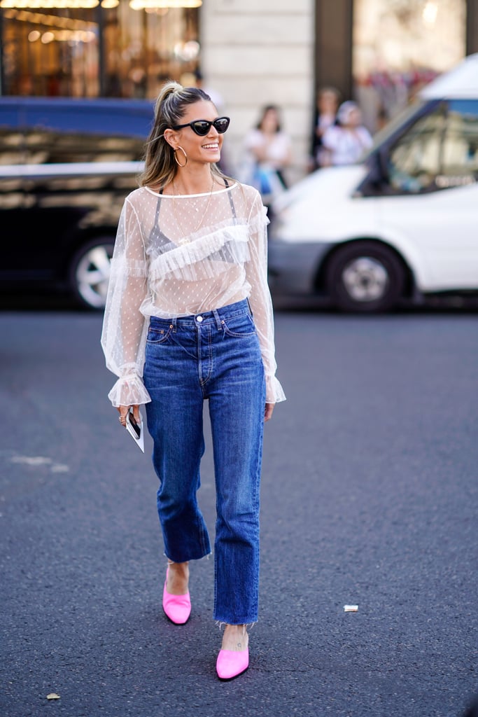 Style Your Slinky, Sheer Top With Mom Jeans and Business-Ready Flats