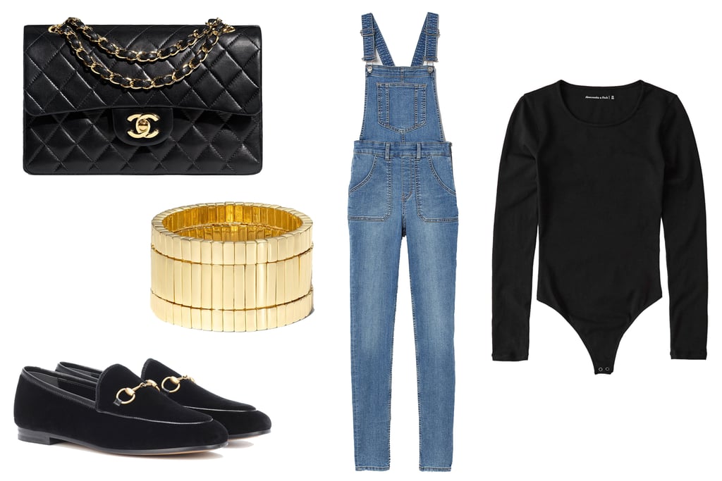 Gucci Jordaan Velvet Loafers ($695)
Chanel Classic Handbag ($5,200)
H&M Denim Overalls ($35)
Abercrombie Long-Sleeve Bodysuit ($35)
Roxanne Assoulin Watch Band Bracelet ($85 each)