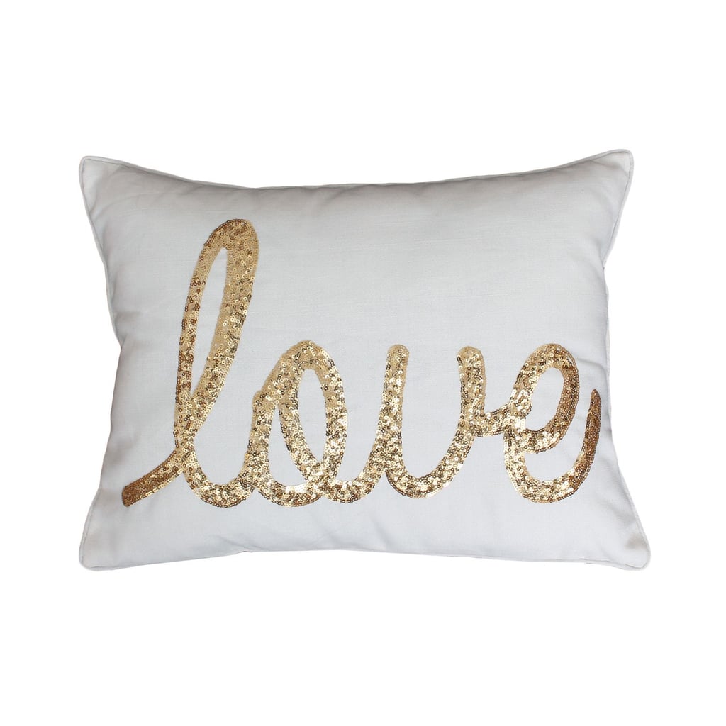 "Love" Sequinned Ivory Script Faux Linen Pillow