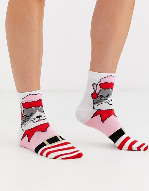 ASOS Design Holidays Cat in Elf Outfit Ankle Socks