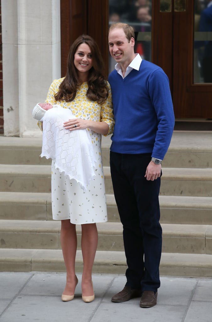 Kate stepped out with Prince William and the new baby, looking lovely in a yellow-and-white floral dress by Jenny Packham.