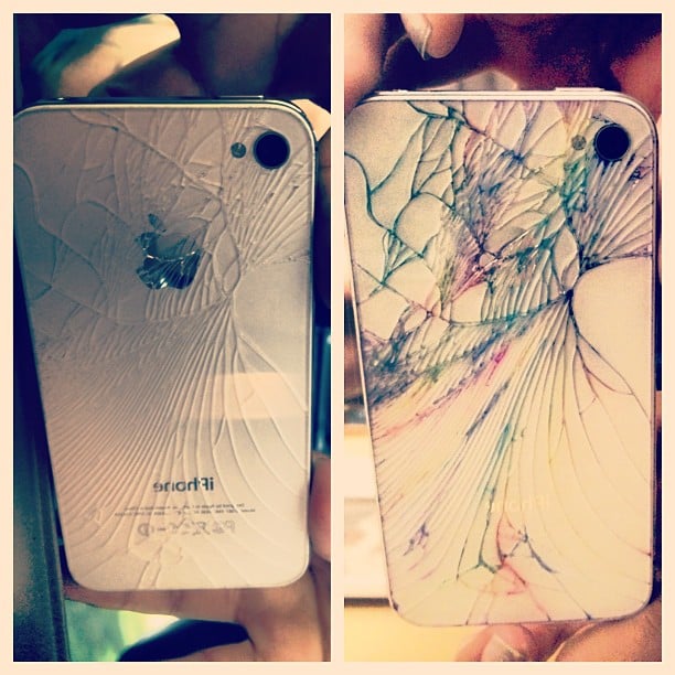 Instagram user nicolecolour demonstrates the before and after of a cracked iPhone.