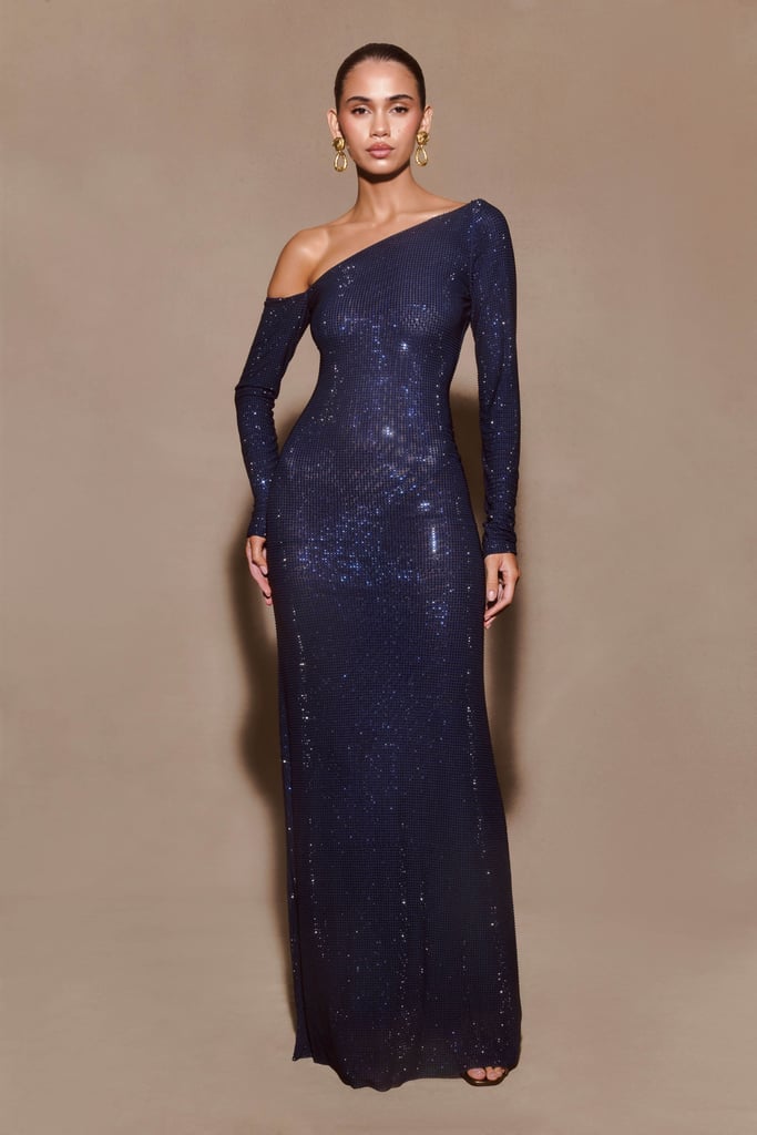 Marcia Diamante Long Sleeve Maxi Navy Dress