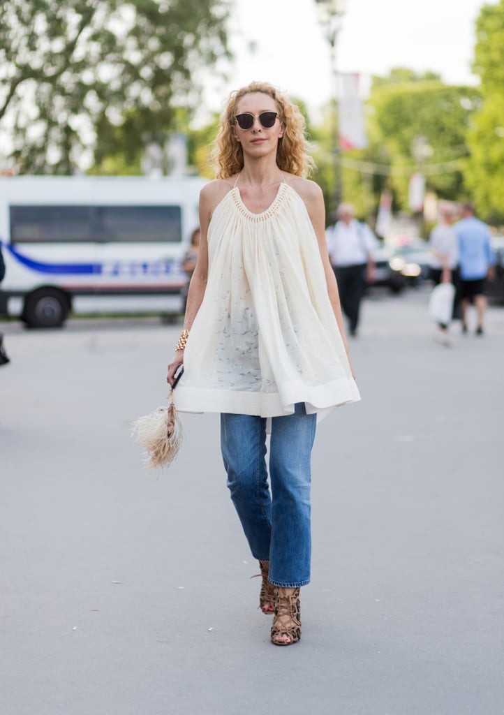 With a breezy Summer blouse and lace-up heels for those hot days