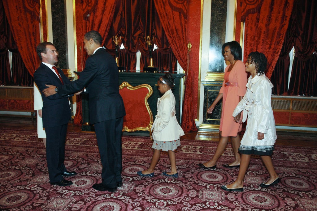 Then-President of Russia Dmitry Medvedev greeted the Obamas at the Kremlin before the leaders participated in a July 2009 summit.