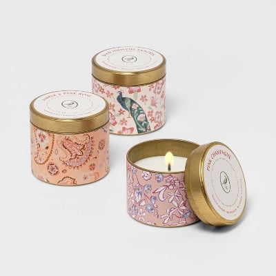 Opalhouse 4oz 3pk Lidded Mini Patterned Tin Warn Candle Gift Set