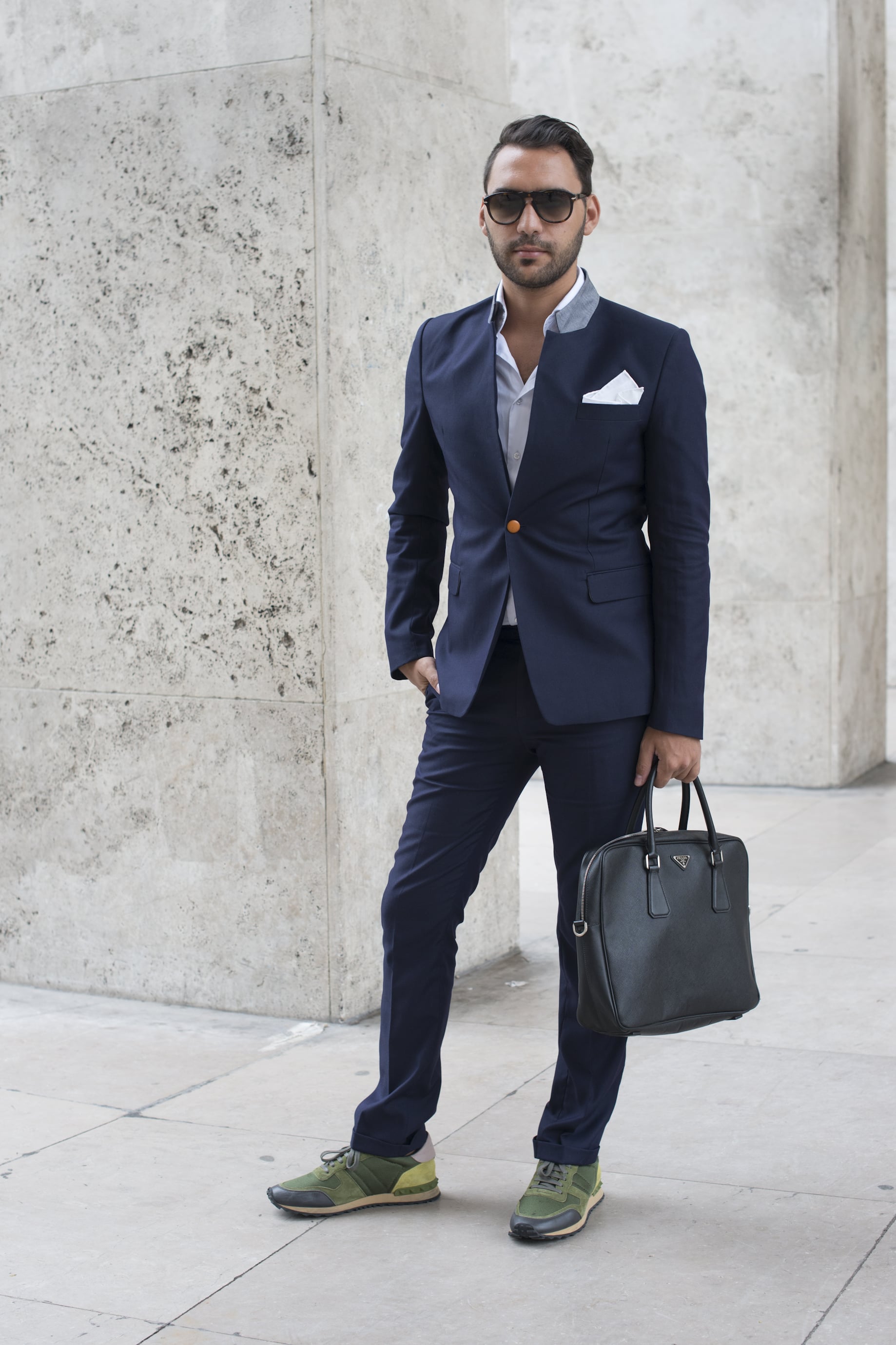 The staid navy suit feels personalized with a pocket square and | His ...