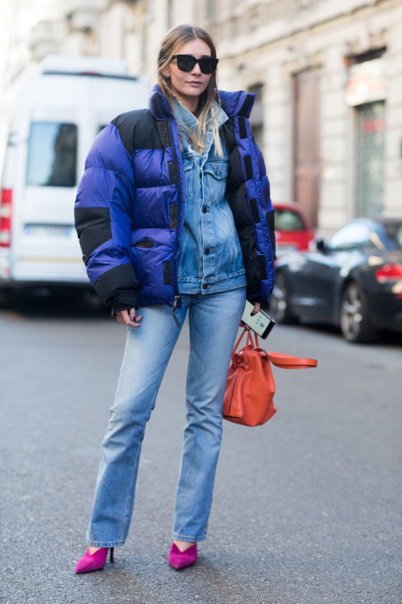 A Puffer Jacket Over a Denim Jacket and Bootleg Jeans