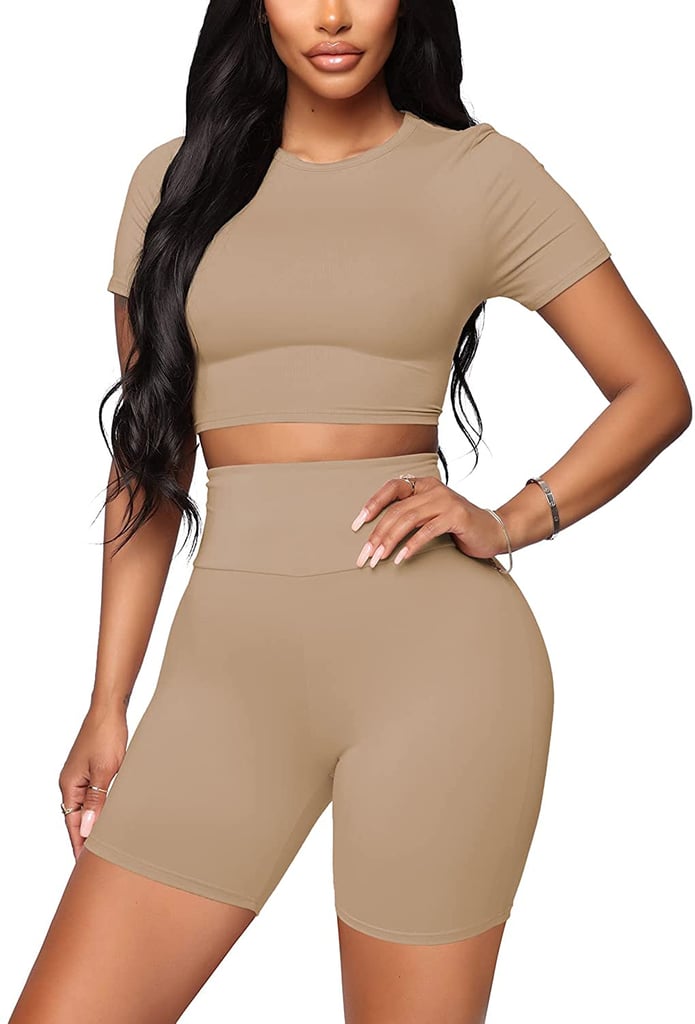 Wiholl Two-Piece Short Sleeve Crop Top and High Waist Shorts Set