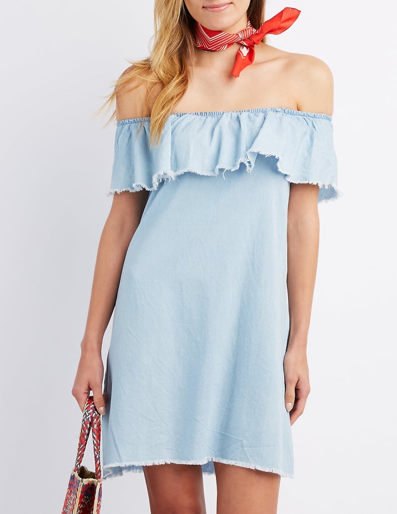 Charlotte Russe Chambray Off-The-Shoulder Shift Dress