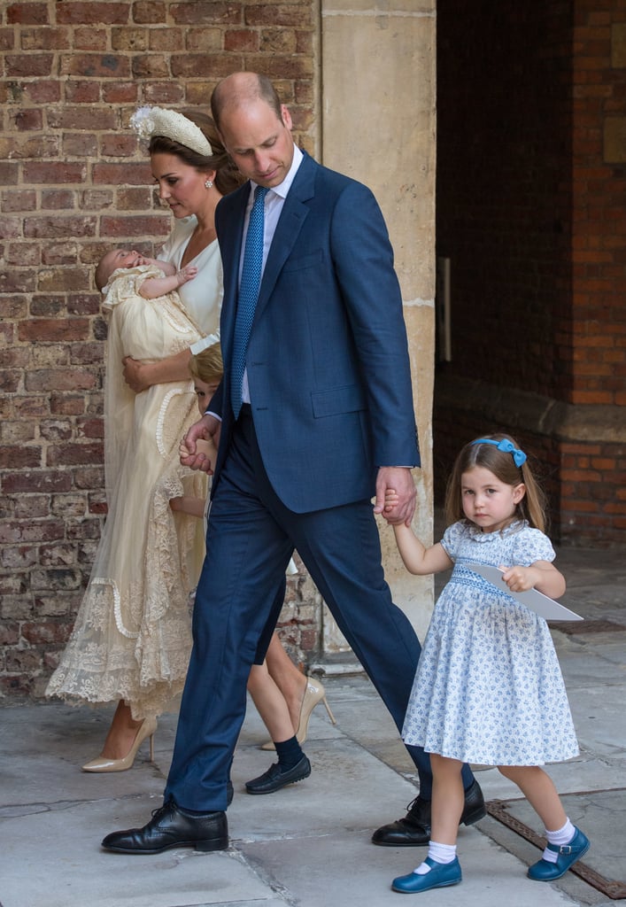 Princess Charlotte wore a blue dress with matching shoes and a headband at Prince Louis' christening at the Chapel Royal, St. James's Palace in 2018.