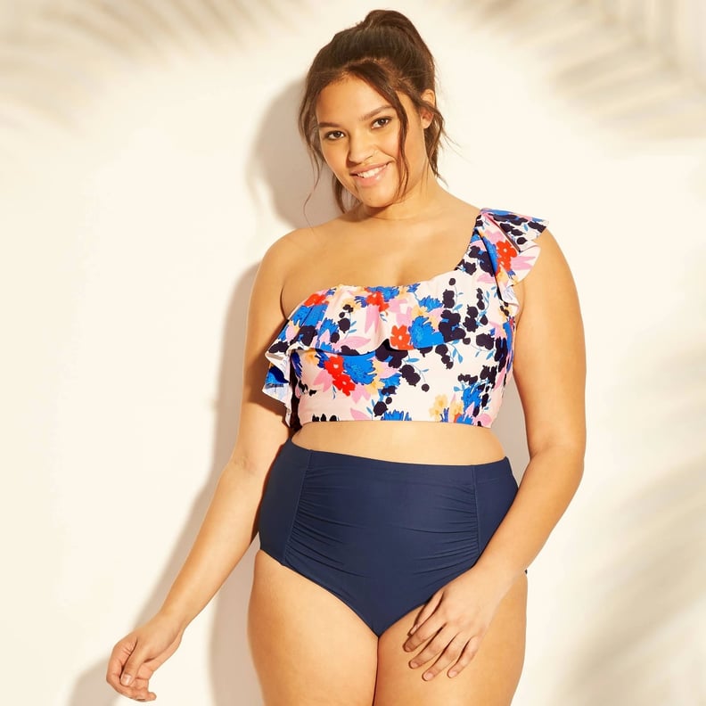 Plus-Size Ruffle One Shoulder Bikini Top and Shirred Tab Bikini Bottoms