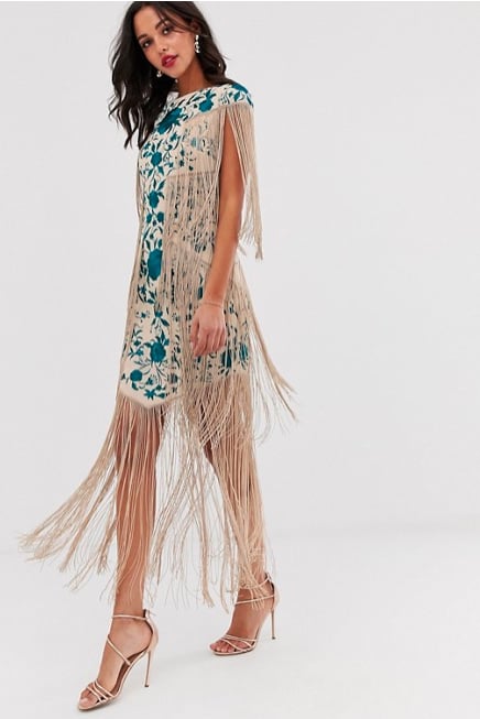 Asos edition embroidered 2025 midi fringe dress